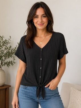 WEATHERPROOF Vintage Button Down Tie -front Short-sleeved Sweater Top